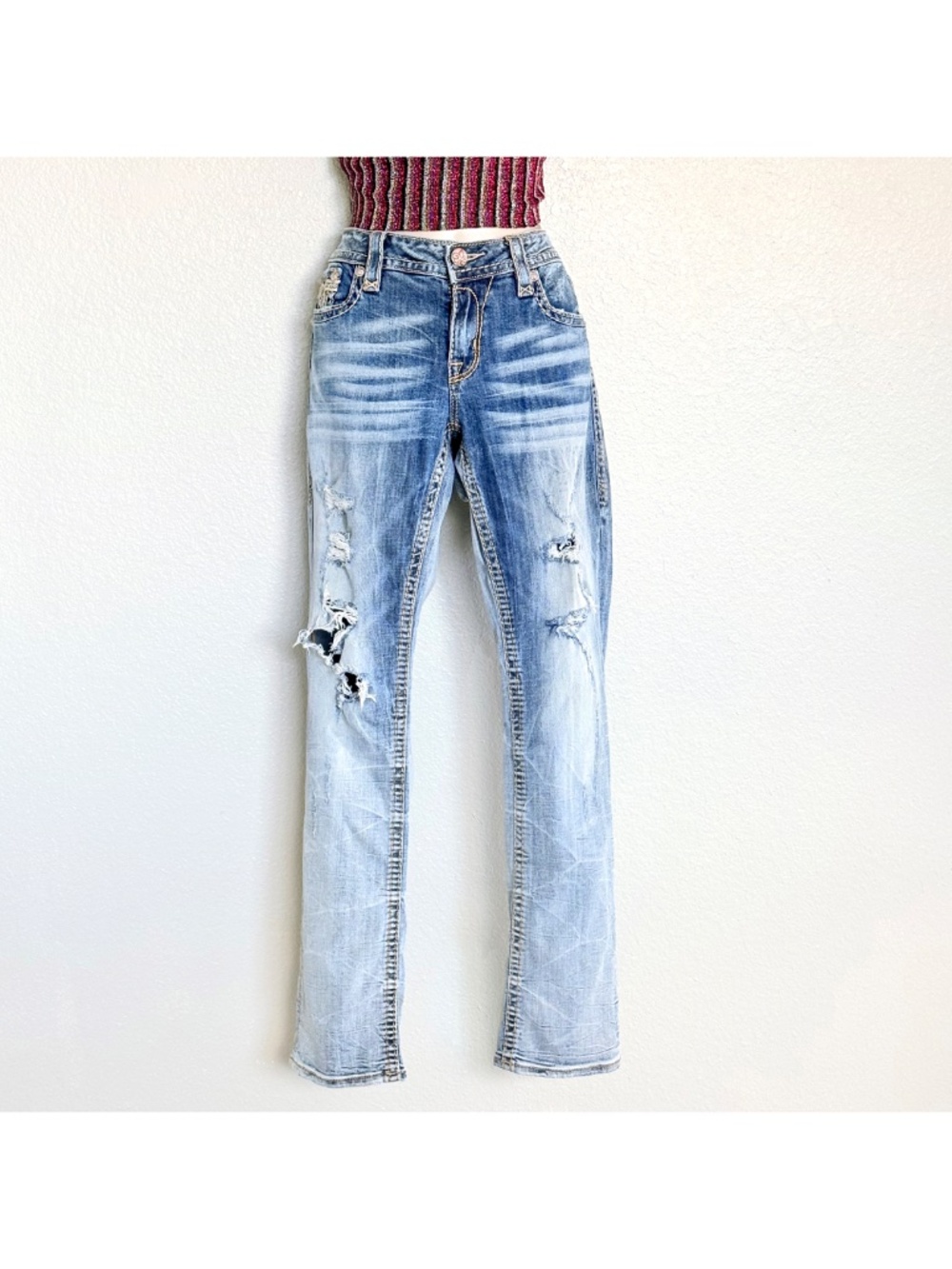 Rock Revival Betty Distressed Straight Leg Jeans Size 29 Missing Button